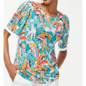 Chicos Tropical Banana Print Tee Size 1 (Womens Medium) Linen Fringe Top